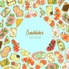 Fototapeta na wymiar Frame of sandwiches with different ingredients, hand drawn on a turquoise background