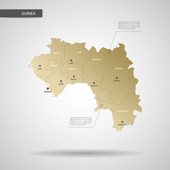 Stylized vector Guinea map.  Infographic 3d gold map illustration with cities, borders, capital, administrative divisions and pointer marks, shadow; gradient background.