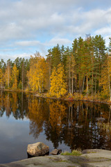 Autumnal scenery at the lake shore in Finland. October day with cloudy sky.