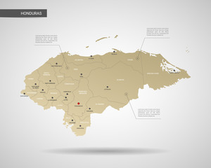 Stylized vector Honduras map.  Infographic 3d gold map illustration with cities, borders, capital, administrative divisions and pointer marks, shadow; gradient background.