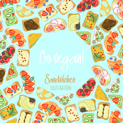 Round frame of vegetarian sandwiches with fruits and vegetables, hand drawn on a turquoise background