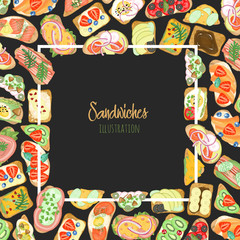 Frame of sandwiches with different ingredients, hand drawn on a dark background
