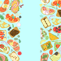 Fototapeta na wymiar Borders of sandwiches with different ingredients, hand drawn on a turquoise background