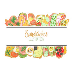 Logo template of sandwiches with meat and vegetables, hand drawn on a white background