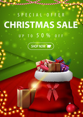 Special offer, Christmas sale, up to 50% off, vertical red and green discount banner in material design style with Santa Claus bag with presents