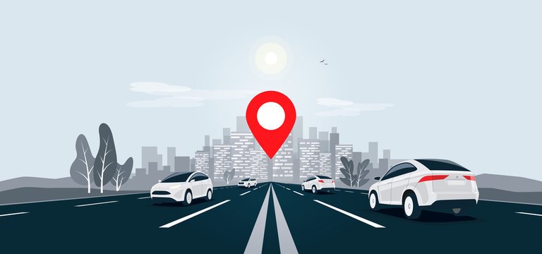 Traffic Cars On Highway To City Skyline Landscape Motorway Panoramic Horizon View. Vector Cartoon Illustration With Vehicle On Street Driving On Infinite Road With Navigation Map Location Pointer.