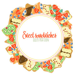 Round logo template of sweet sandwiches, hand drawn on a white background