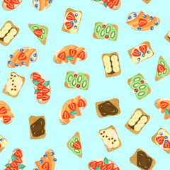 Seamless pattern of sweet sandwiches, hand drawn isolated on a turquoise background