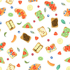 Seamless pattern of sweet toasts with different ingredients, hand drawn isolated on a white background