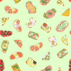 Seamless pattern of meat toasts with different vegetable ingredients, hand drawn isolated on a green background