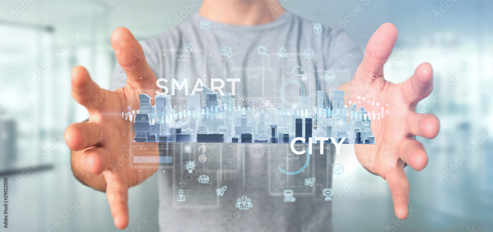 Poster businessman holding smart city user interface with icon, stats and data 3d rendering