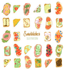 Collection of toasts with different ingredients, hand drawn isolated on a white background