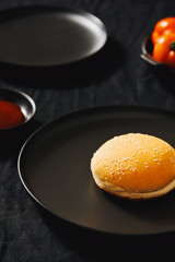 Process making of burger, step by step isolated on black background. Burger wide banner. Split burger. Burger divided in parts