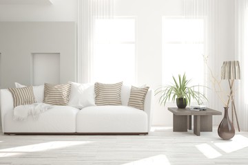 Stylish room in white color with sofa. Scandinavian interior design. 3D illustration
