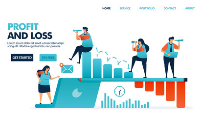 Profit and loss in running a business. Company performance report. Risk of company defaults. People attention to performance decline barchart. Human illustration for website, mobile apps, poster
