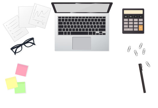Business flat lay with lap top and graphs. Graphic illustration vector