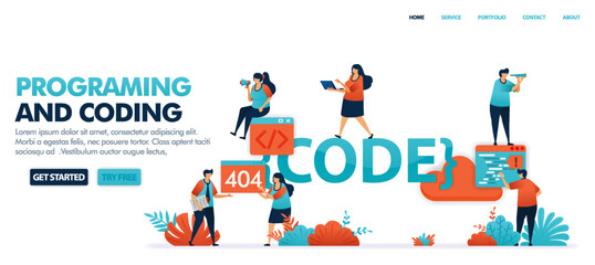 Coding and programming to find bugs in code set in solving error problems, 404, not found. Programming for software and mobile apps. Human vector illustration for website, mobile apps and poster