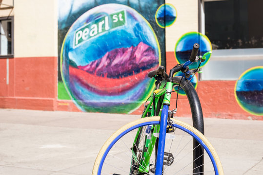 Boulder, Colorado, USA-September 27, 2019. Street View Of Colorful Bike In Front Of Pearl Street Wall Mural