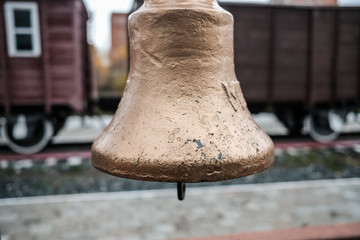 Gold bell at railway station in Moscow, The bell is used to tell the signal to release the train,...