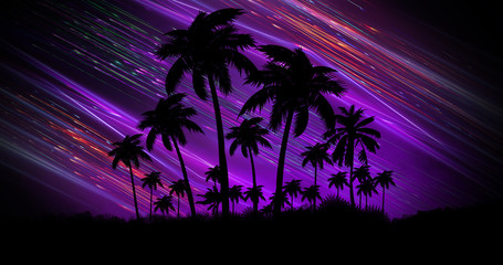 Naklejka premium Futuristic night landscape with neon abstract sunset. Coconut trees silhouette on the beach at night. Neon palm tree abstract light.