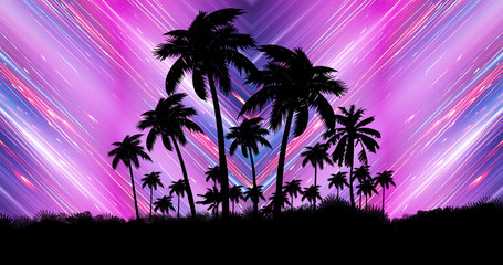 Futuristic night landscape with neon abstract sunset. Coconut trees silhouette on the beach at night. Neon palm tree abstract light.