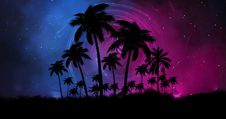 Futuristic night landscape with neon abstract sunset. Coconut trees silhouette on the beach at night. Neon palm tree abstract light.