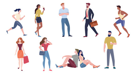 Young men and women flat vector illustrations set. Male and female caucasian models in casual and formal clothing cartoon characters. Sportive people, fashionable ladies, businessman and couple.