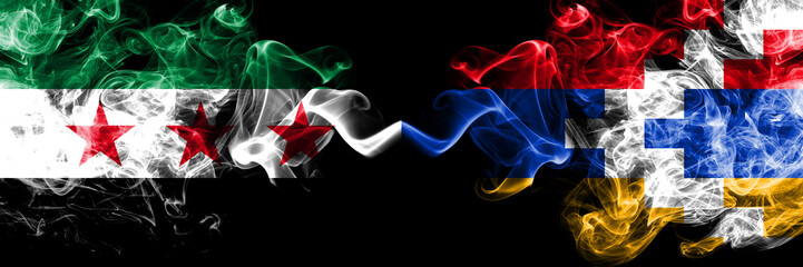 Syrian Arab Republic vs Artsakh smoke flags placed side by side. Thick colored silky smoke flags of Syria opposition and Artsakh