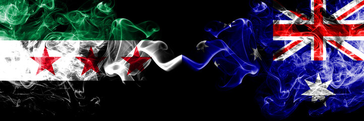 Syrian Arab Republic vs Australia, Australian smoke flags placed side by side. Thick colored silky smoke flags of Syria opposition and Australia, Australian