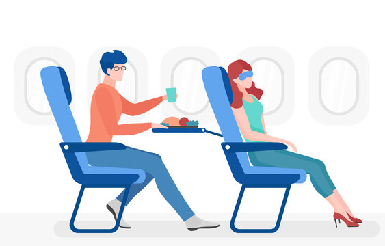 People in plane cabin flat vector illustration. Airplane passengers in comfortable seats cartoon characters. Man eating meal, young woman in eye mask sleeping. Airway transportation, commercial flight