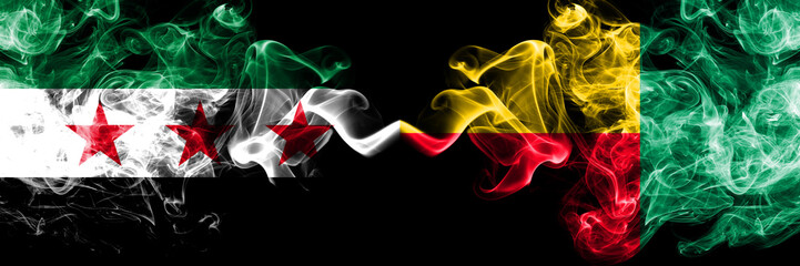 Syrian Arab Republic vs Benin, Beninese smoke flags placed side by side. Thick colored silky smoke flags of Syria opposition and Benin, Beninese