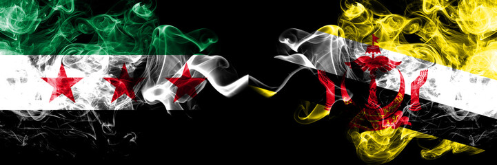 Syrian Arab Republic vs Brunei, Bruneian smoke flags placed side by side. Thick colored silky smoke flags of Syria opposition and Brunei, Bruneian