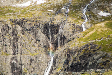 Norwegian landscape with Trollstigen center in the background, National scenic route Geiranger Trollstigen More og Romsdal county in Norway