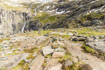 Norwegian landscape with Trollstigen center in the background, National scenic route Geiranger Trollstigen More og Romsdal county in Norway