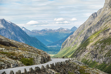 Norwegian landscape with Trollstigen center in the background, National scenic route Geiranger Trollstigen More og Romsdal county in Norway