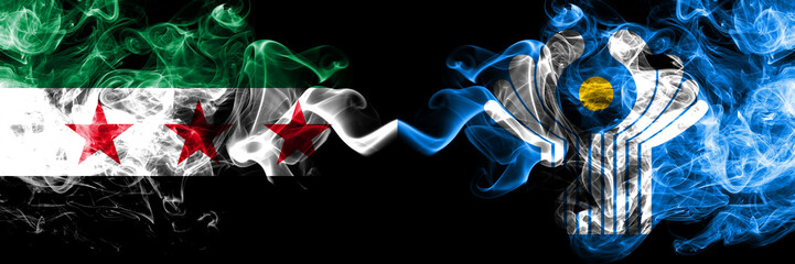 Syrian Arab Republic vs Commonwealth smoke flags placed side by side. Thick colored silky smoke flags of Syria opposition and Commonwealth