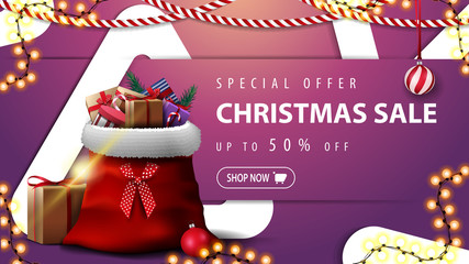 Special offer, Christmas sale, up to 50% off, pink discount banner with large triangles intertwining with the background and Santa Claus bag with presents