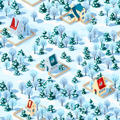 Seamless vector landscape of winter countryside with trees and houses, coniferous and deciduous trees