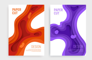 Paper cut banner set with 3D slime abstract background and orange, purple waves layers. Abstract layout design for brochure and flyer. Paper art vector illustration