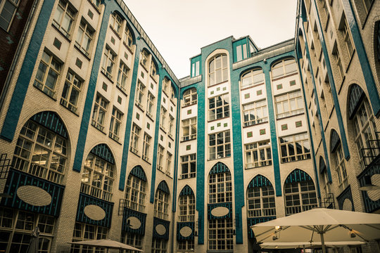 Berlin, Germany - May 2019: Hackeschen Hofe complex. Traditional Berlin courtyards designed in the Jugendstil or Art Nouveau style by August Endel