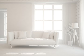 Mock up of stylish room in white color with sofa. Scandinavian interior design. 3D illustration