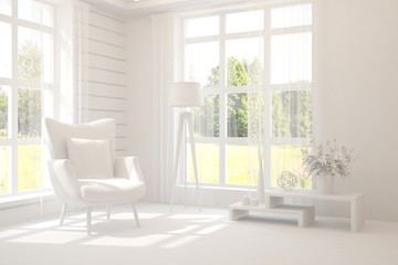 Fototapeta na wymiar Mock up of stylish room in white color with armchair and green landscape in window. Scandinavian interior design. 3D illustration