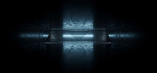 Obraz premium Alien Sci Fi Dark Futuristic Empty Cement Concrete Reflective Grunge Hall Underground Laser Beam Blue Garage Night Background Laser Line 3D Rendering
