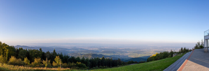 Scenic panorama view of the upper rhine valley from the hochblauen mountain in the black forest, germany