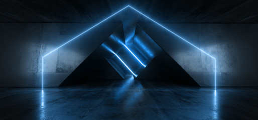 Cement Concrete Tunnel Corridor Laser Beams Blue Stage Glowing Neon Retro Sci Fi Modern Futuristic Underground Garage Hallway Triangle Background 3D Rendering
