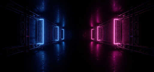 Dark Neon Construction Blue Purple Glowing Futuristic Sci Fi Stage Show Garage Rough Grunge Concrete Night Tunnel Corridor Empty Virtual Underground Background 3D Rendering © IM_VISUALS