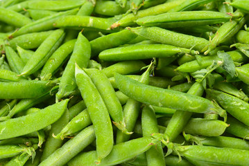 Fresh pea pods as background. Top view.