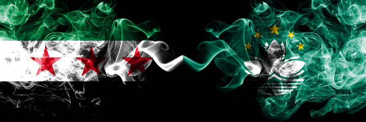 Syrian Arab Republic vs Macau, China smoke flags placed side by side. Thick colored silky smoke flags of Syria opposition and Macau, China