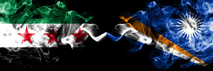 Syrian Arab Republic vs Marshall Islands smoke flags placed side by side. Thick colored silky smoke...