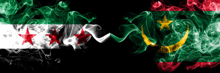 Syrian Arab Republic vs Mauritania, Mauritanian smoke flags placed side by side. Thick colored silky smoke flags of Syria opposition and Mauritania, Mauritanian